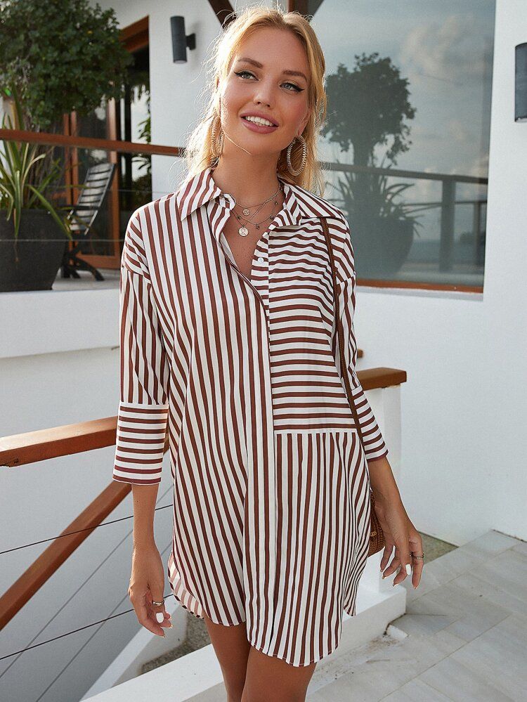 Striped Button Front Tunic Dress | SHEIN
