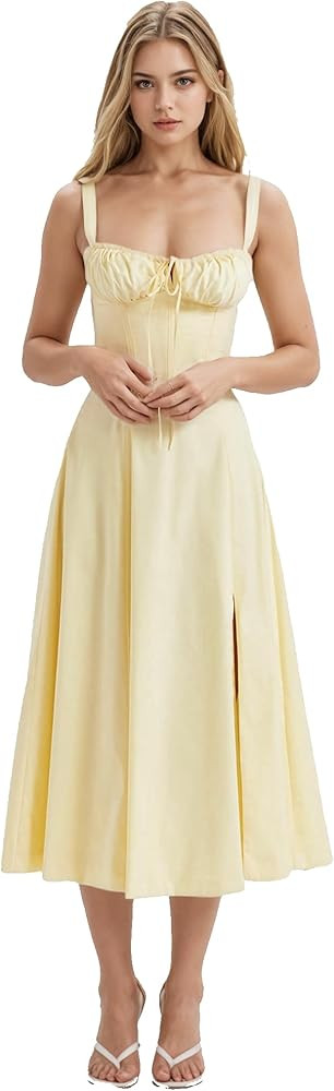 Women Floral Corset Dress, Boho Summer Spaghetti Straps Square Neck Casual Midi Dress Flowy Slit ... | Amazon (US)