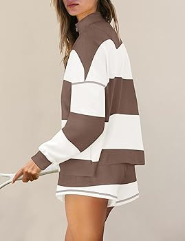 Panadila Womens Striped Workout Set Two Piece Outfits Oversized Lounge Set Long Sleeve Tops and S... | Amazon (US)