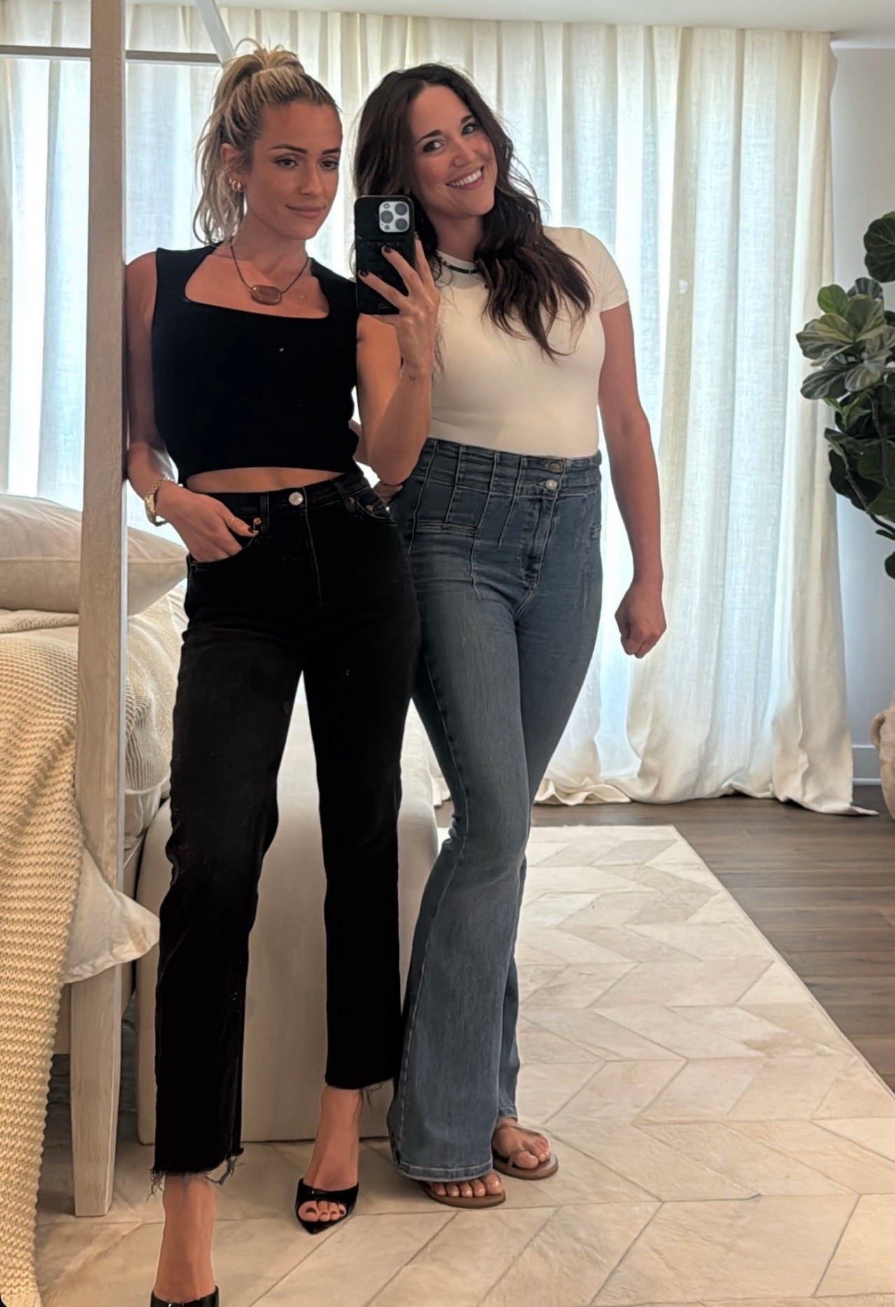 Shop Kristin Cavalieri 70s vintage style stove pipe high waisted jeans, patent leather mule sandals cord necklace crop top ￼
