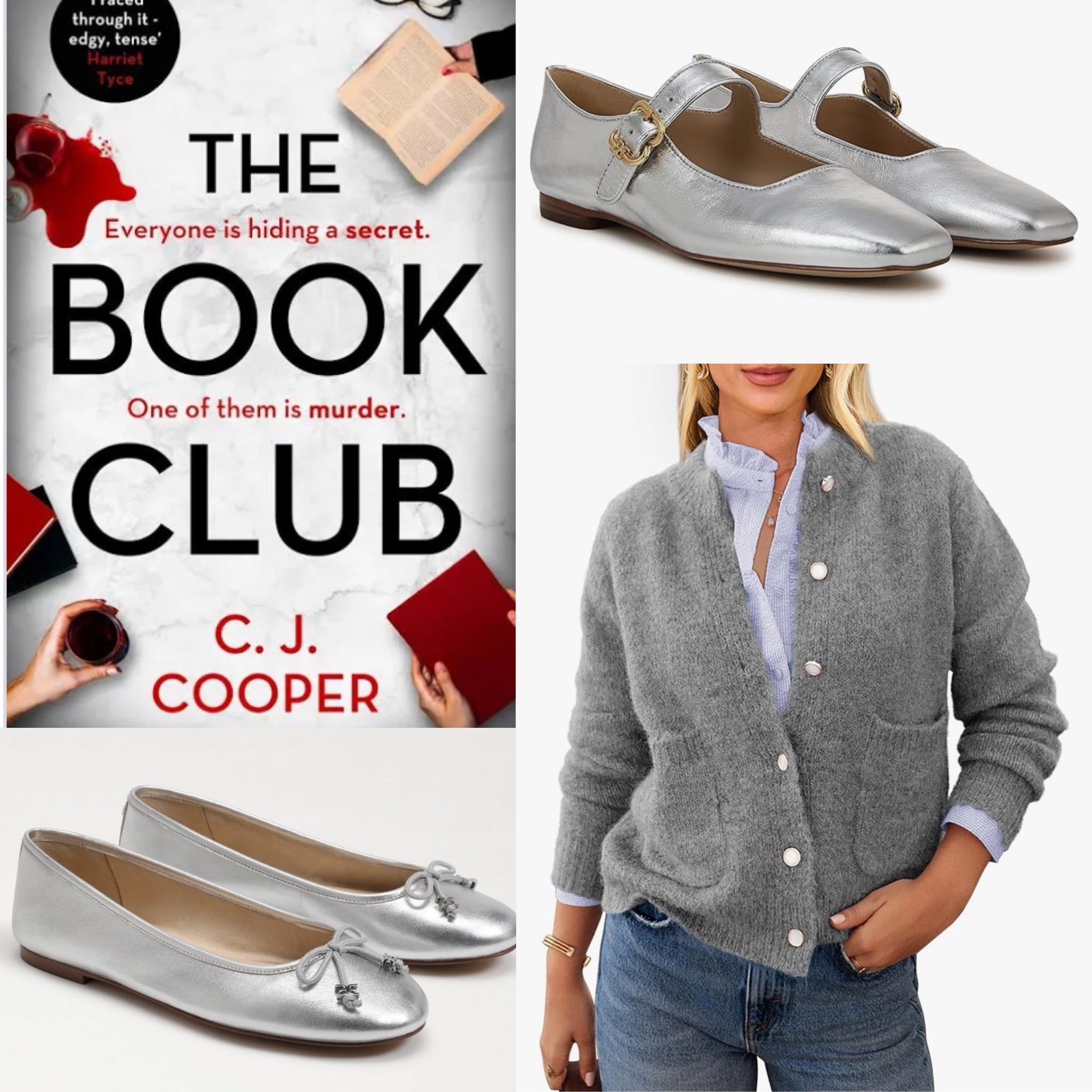 The book club 
Novel
Amazon finds
Grey cardigan
Gray sweater
Silver ballet flats
Metallic Mary Jane’s 
Book club

#LTKStyleTip #LTKShoeCrush #LTKFindsUnder50