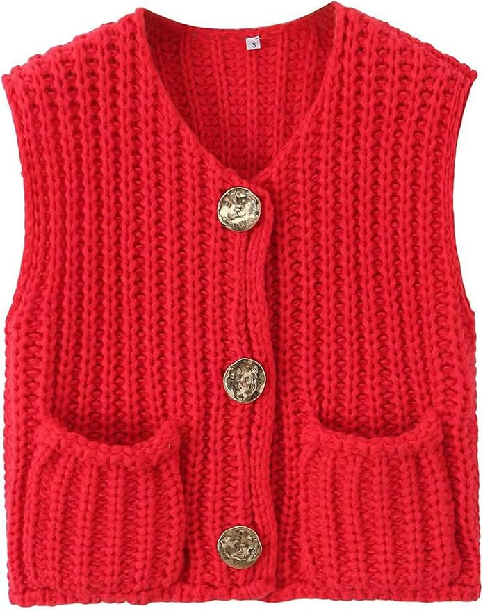 Women Crochet Knit Sweater Vest Button Up Cropped Casual Sleeveless Vest Fashion Vintage Cardigan... | Amazon (US)