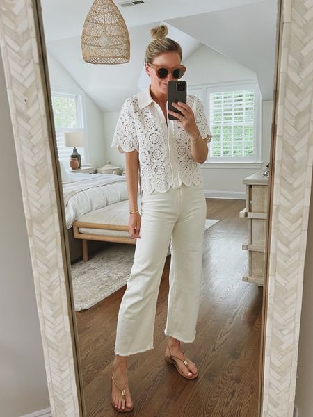 Summer outfit, all white outfit 
-small top, linked similar 
-white cropped wide leg jeans, fit tts 
-neutral sandals under $25 & fit tts 

#LTKStyleTip #LTKFindsUnder100 #LTKShoeCrush