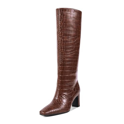 wetkiss Brown Crocodile Boots Straight Leg Knee High Boots for Women Block Heels Regular Calf Square Toe Size 8.5 | Amazon (US)