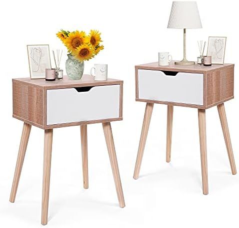 JAXSUNNY Mid Century Nightstands with Solid Wood Legs, Bedside Table Night Stands for Bedroom Set... | Amazon (US)