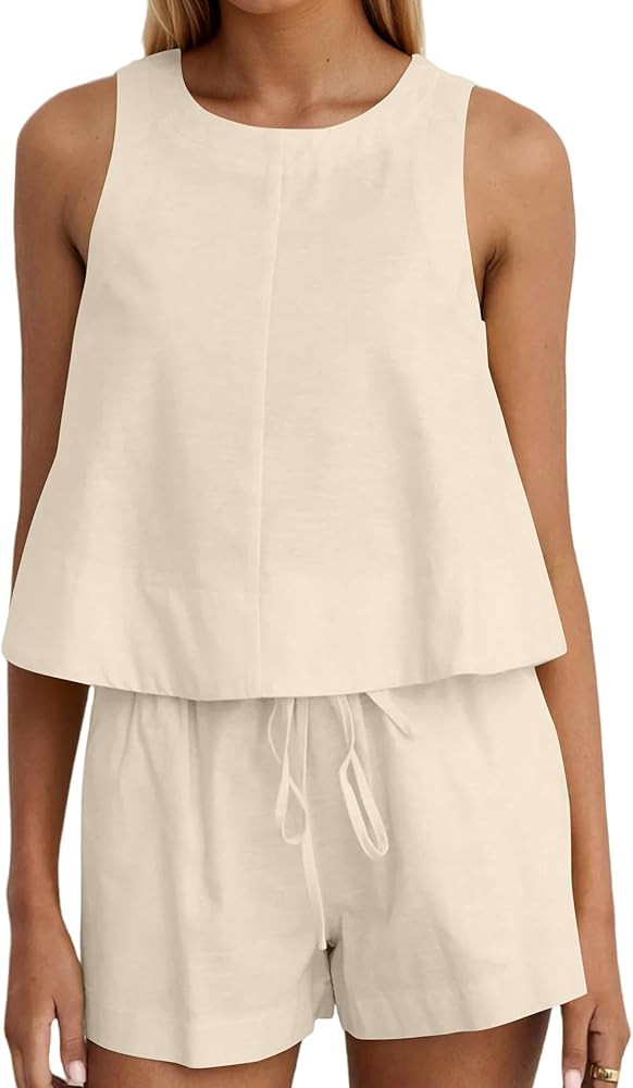 Ythomm Womens Two Piece Lounge Sets Round Neck Peplum Tops High Waist Linen Shorts Summer Matchin... | Amazon (US)