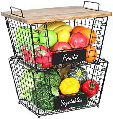 2 Pack Stackable Wire Storage Baskets with Wood Lid and Chalkboards - Kitchen Countertop Organizer f | Amazon (US)