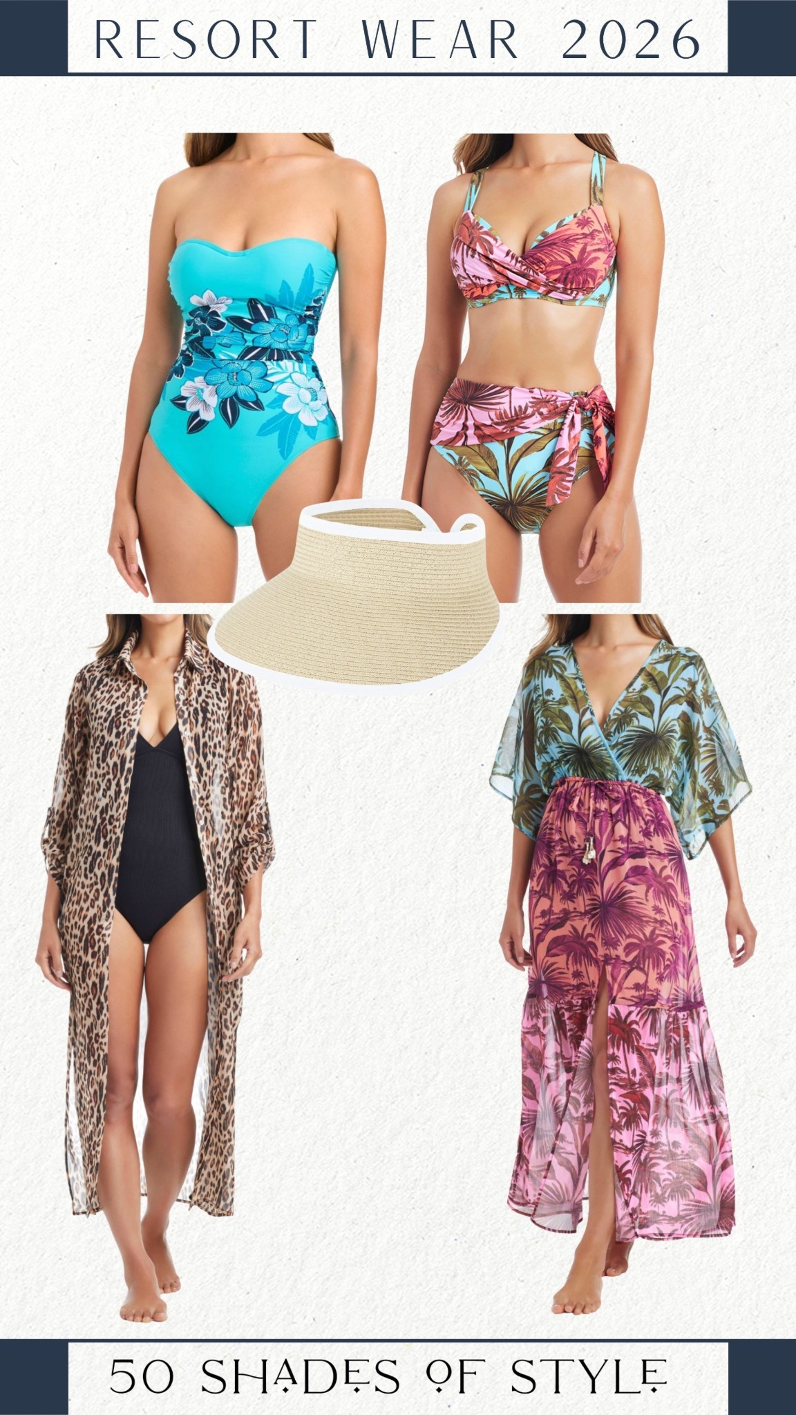 resort wear, floral print bikini, high waist bikini, strapless one piece swimsuit, blue swimsuit, leopard swim coverup, palm tree swim coverup, sun hat, beach outfit, pool outfit 

#LTKootd #LTKOver40 #LTKSeasonal