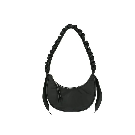 Madden NYC Women's Ruffled Ribbon Half Moon Nylon Handbag, Black | Walmart (US)