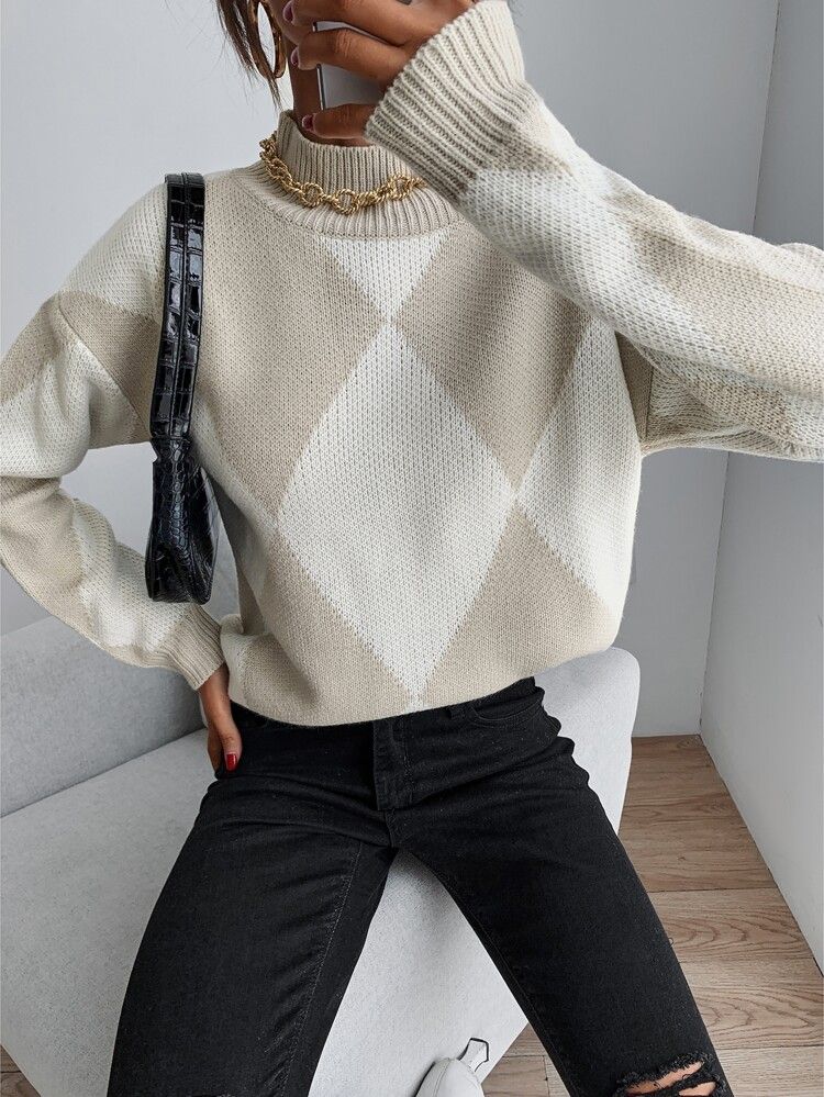 Mock Neck Argyle Pattern Drop Shoulder Sweater | SHEIN