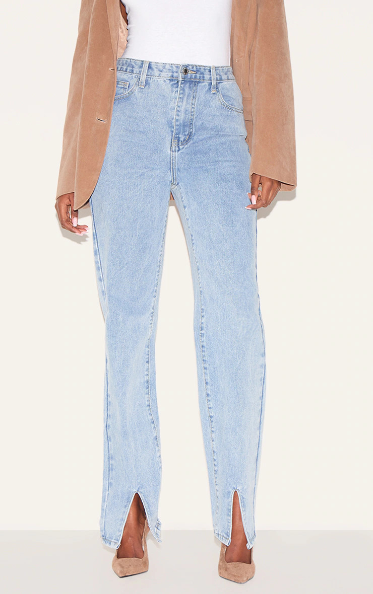Light Blue Wash Front Split Long Leg Straight Jeans | PrettyLittleThing US