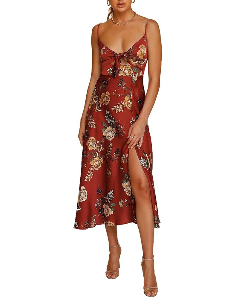 Fashionme Women Spaghetti Strap Midi Satin Dresses Tie Front Backless Split Hollow Dress | Amazon (US)