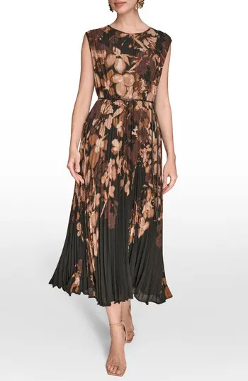 Donna Karan New York Belted Floral Georgette Midi Dress in Black/Fawn at Nordstrom Rack, Size 12 | Nordstrom Rack