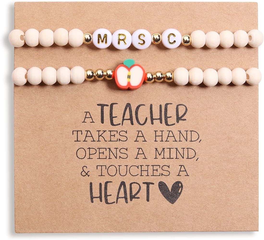 Personalized Teacher Bracelet for Women, 2 Pcs Wood Beaded Bracelets Elastic, Back to School Teac... | Amazon (US)