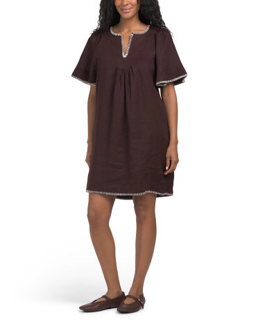 Linen Flutter Sleeve Split Neck Mini Dress With Contrast Trim For Women, Cotton/Linen | TJ Maxx
