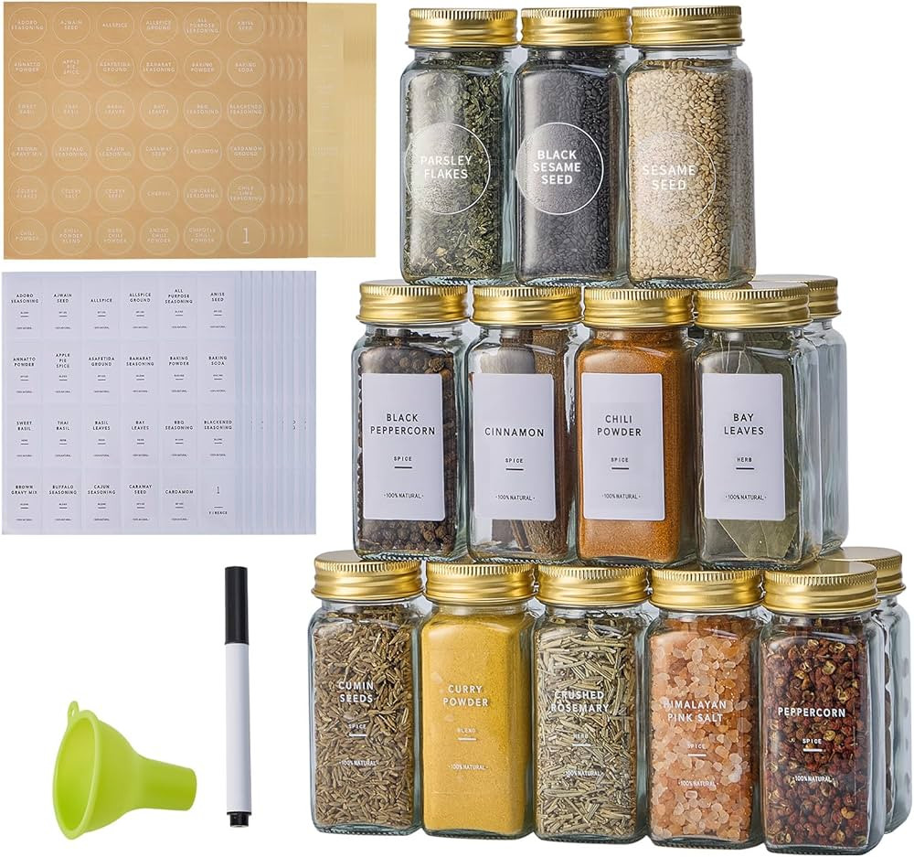 48 Pcs Glass Spice Jars with 576 Labels, 4oz Empty Square Spice Containers,Seasoning Bottles with... | Amazon (US)