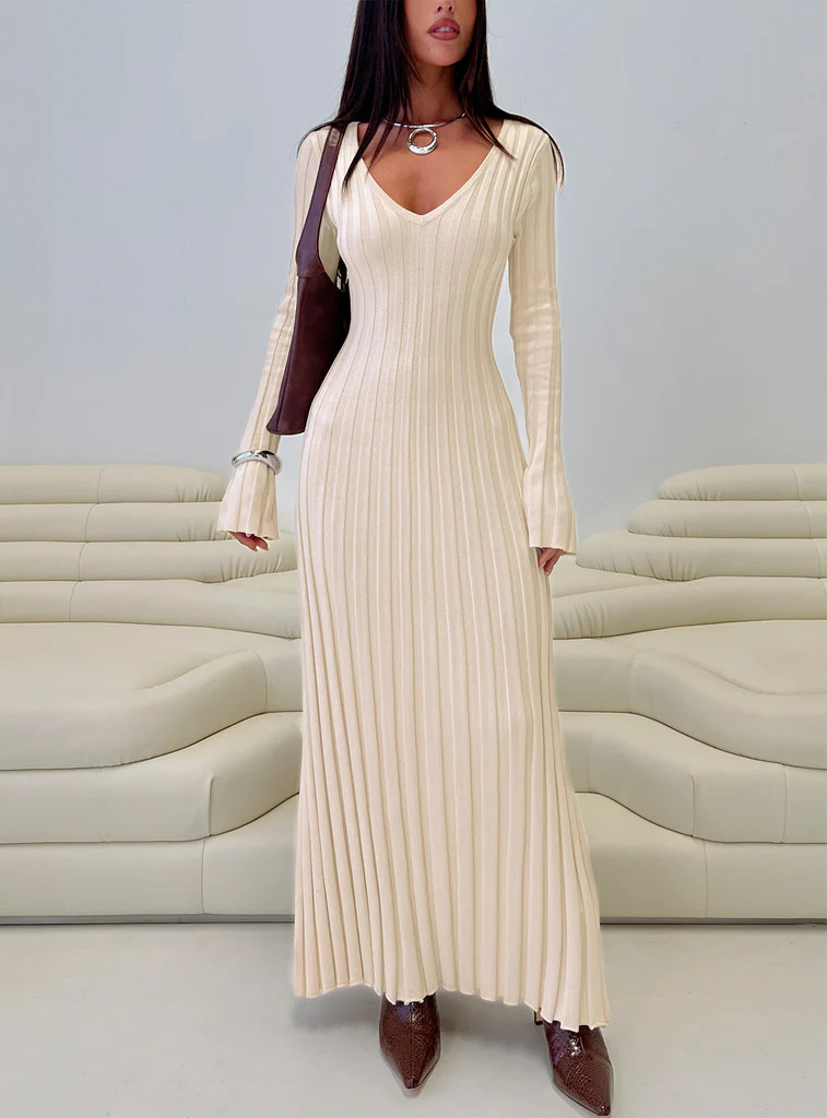 Gratuita Long Sleeve Rib Maxi Dress Cream | Princess Polly US