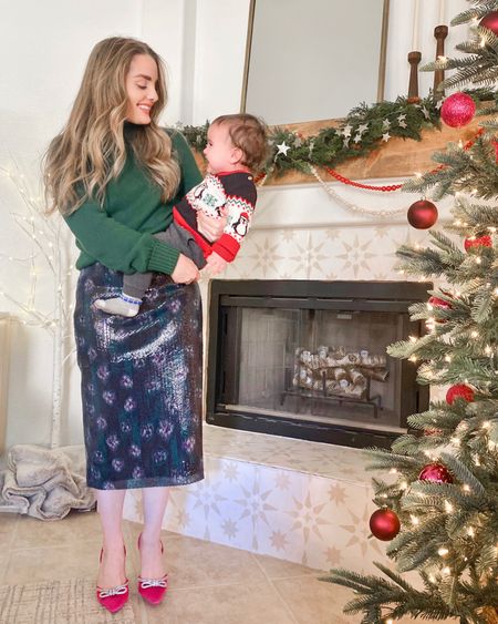 Christmas party outfit. Sequin skirt. Baby boy sweater. Gift ideas. 

#LTKfamily #LTKSeasonal #LTKHoliday