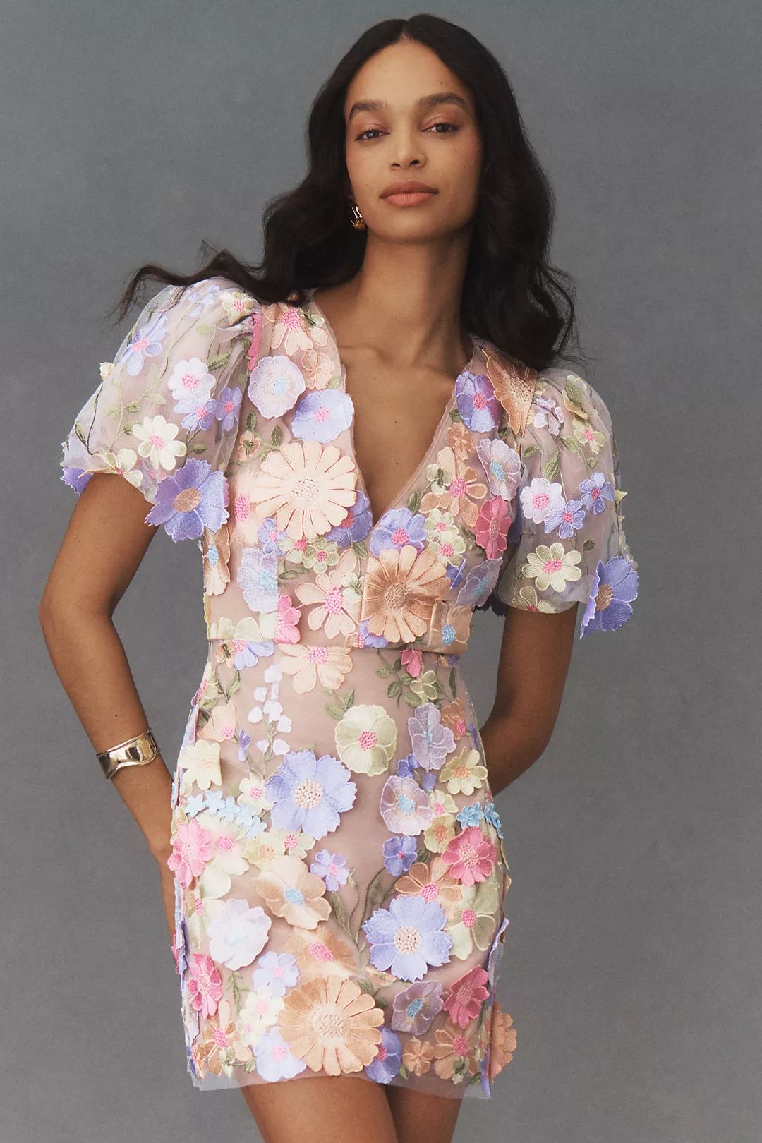 Elliatt Anthea Short-Sleeve V-Neck Floral Appliqué Mini Dress | Anthropologie (US)