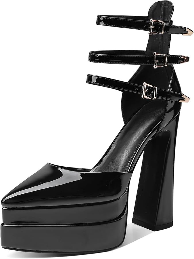 Kluolandi Women's Double Platform Chunky High Heels with Buckles Pointed Toe Ankle Strap Patent L... | Amazon (US)