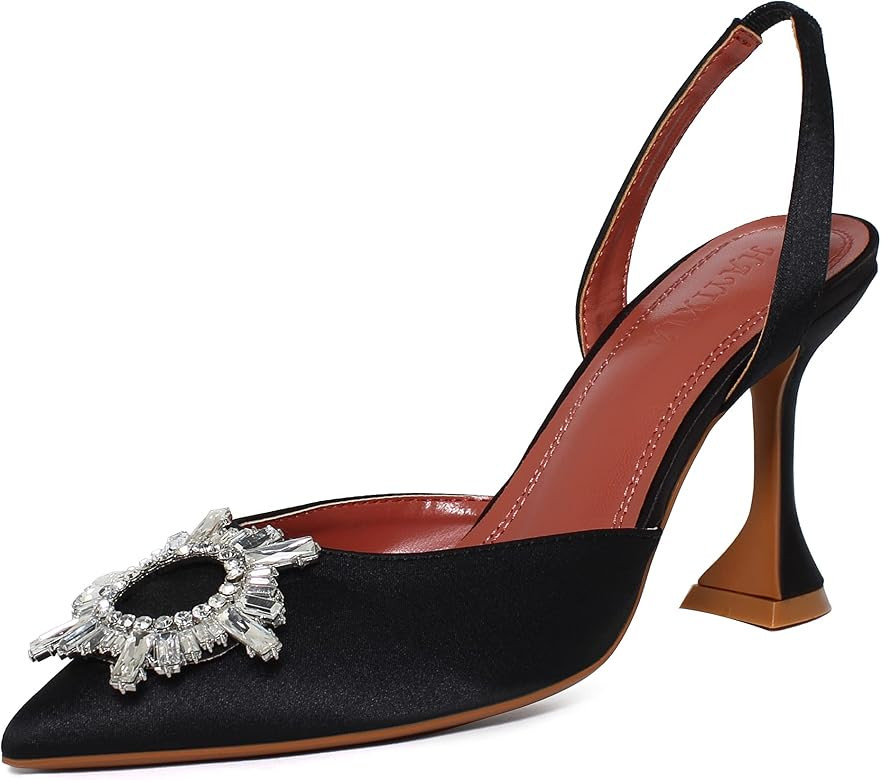 Women's High Heeled Sandals Pointed Toe Crystal Satin Rhinestone Backless Slingback Stiletto Slip... | Amazon (US)