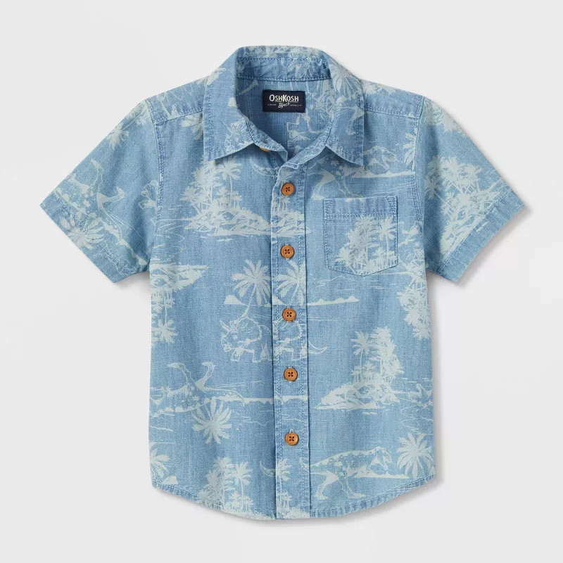 OshKosh B'gosh Toddler Boys' Dino Palm Print Chambray Woven Short Sleeve Button-Down Shir... | Target