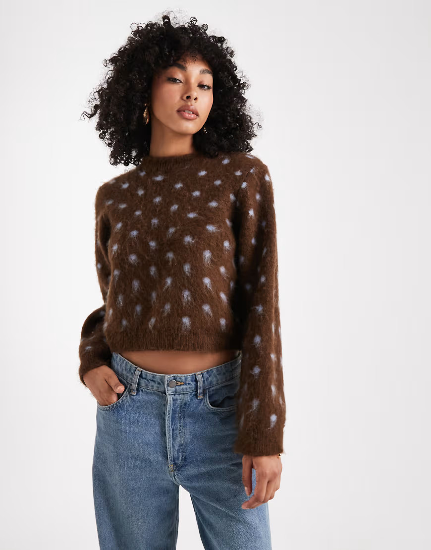 ASOS DESIGN brushed knit sweater in chocolate and blue polka dot-Brown | ASOS (Global)