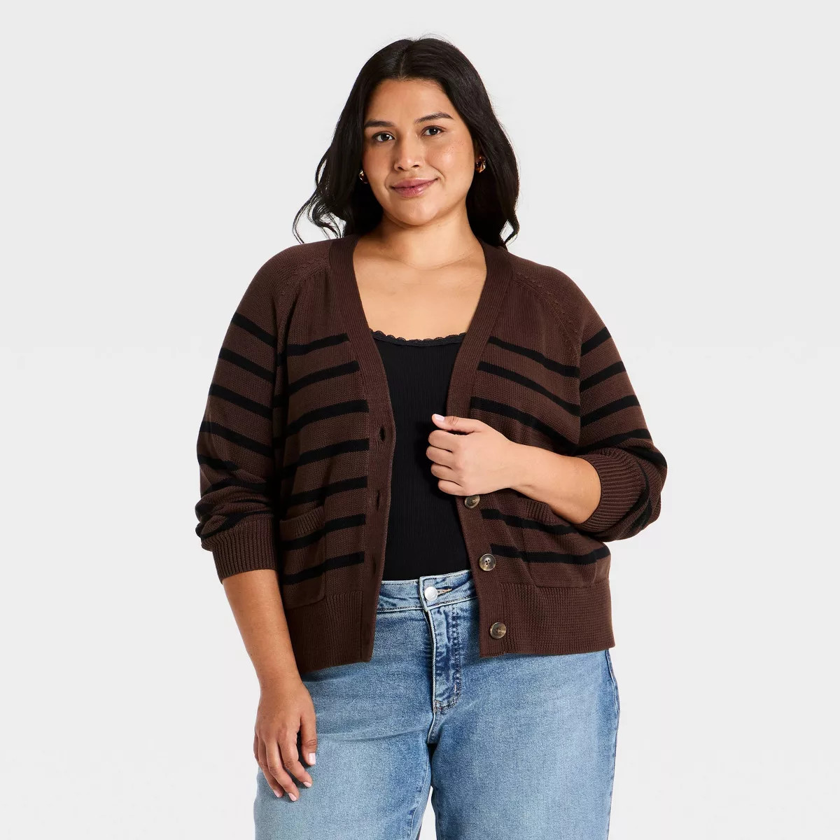 Women's Plus Button-Up Cardigan Sweater - Ava & Viv\u2122 Brown Striped 1X | Target