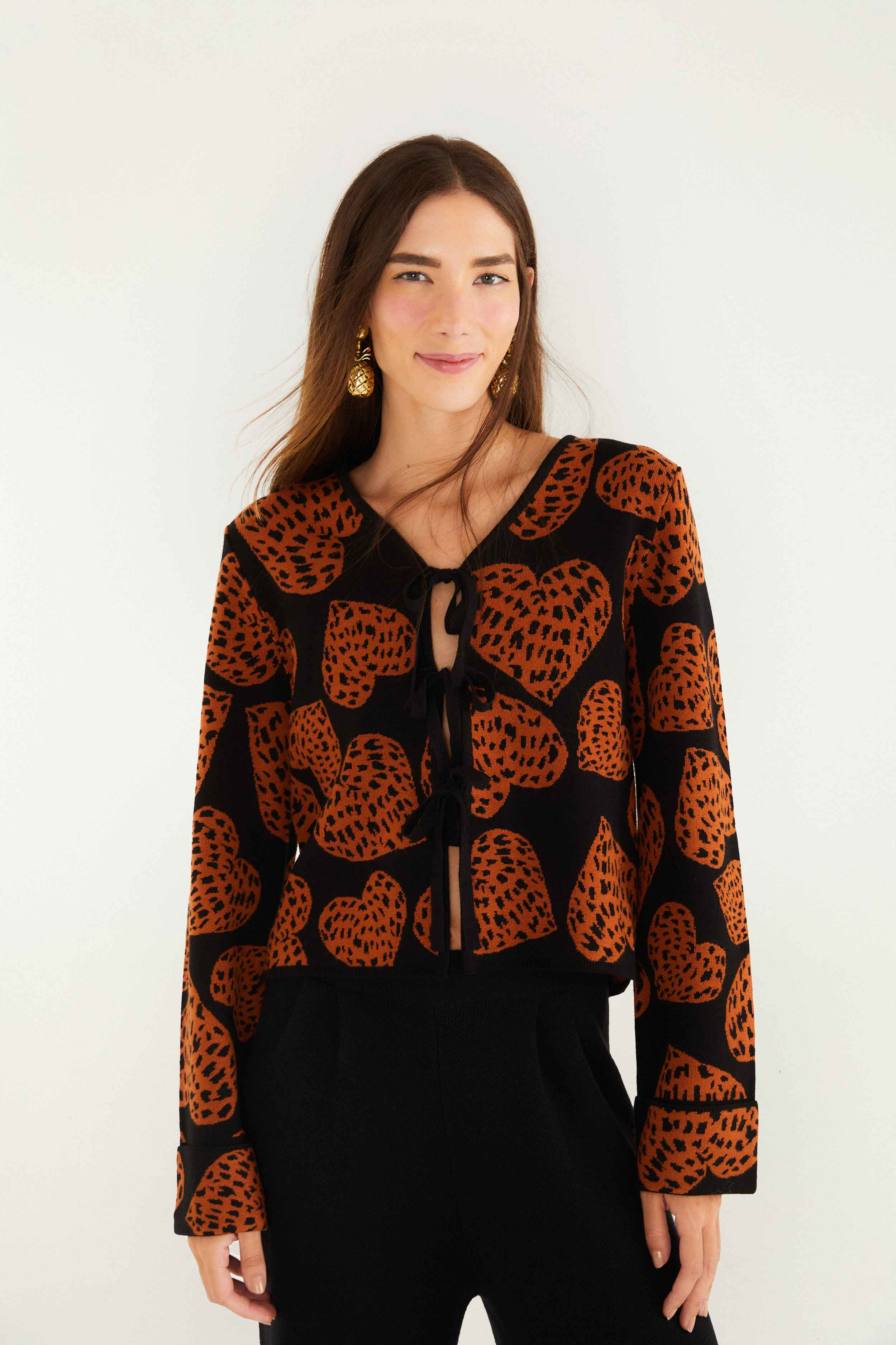 Black Leopard Hearts Front Ties Knit Cardigan | FARM Rio | FarmRio (US)