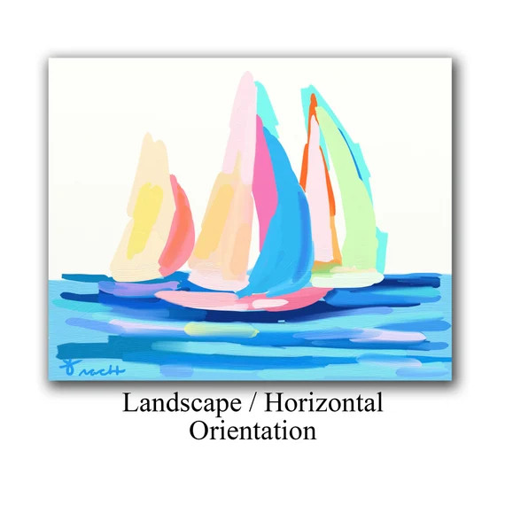 Colorful Sailboats with Blue Water Painting by artist Kelly Tracht, Modern Art, Wall Art, Coastal... | Etsy (US)