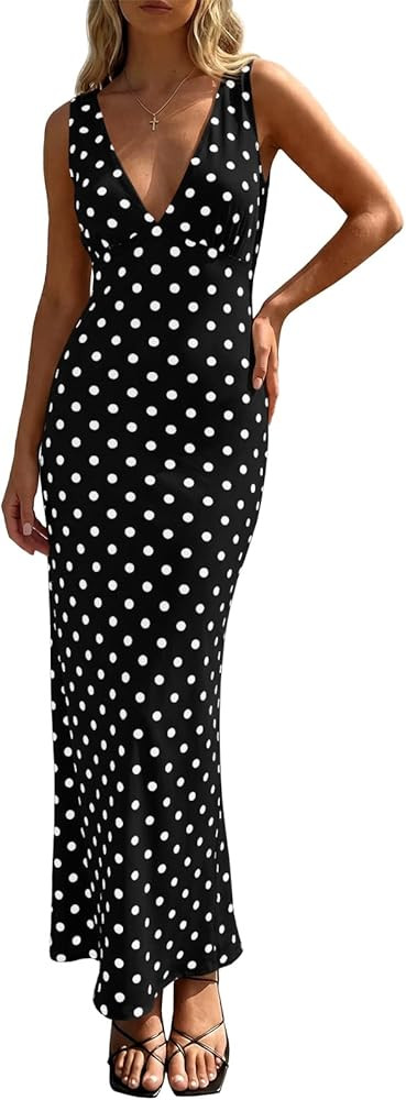 Wenrine Womens Summer Polka Dot Maxi Dress Mesh Wedding Guest Bodycon Sexy V Neck Sleeveless Part... | Amazon (US)