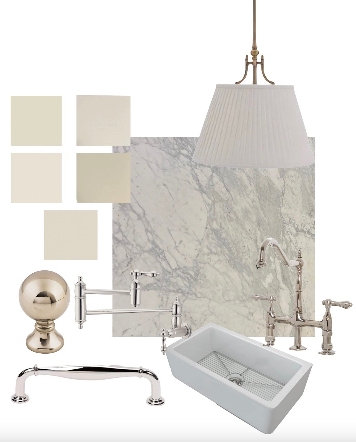 New kitchen mood board! 

Sink, pendant light, faucet, hardware 

The finishes are polished nickel