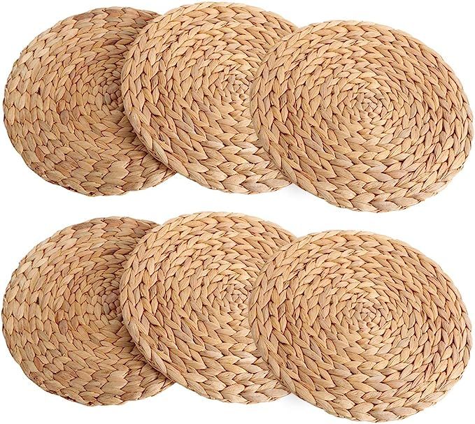 kilofly Natural Water Hyacinth Weave Placemat Round Braided Rattan Tablemats 14.5 inch x 6pc | Amazon (US)
