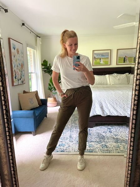 Super comfortable olive green joggers. I love this brand joggers all year around but this color is perfect for fall. I like to size up one for a looser fit.

White leather sneakers are currently 30% off. A great year round style staple. Super comfortable, last so long and fit true to size.

Amazon fashion favorite for fall. Comfy outfit idea for early fall. Working from home style.


#LTKsalealert #LTKSeasonal #LTKunder50