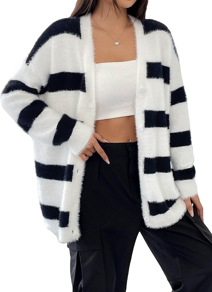 SHENHE Women's Oversized Button Down Striped Soft Fuzzy Cardigan Sweater Outerwear Coat | Amazon (US)