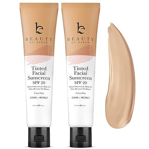 Tinted Sunscreen for Face - SPF 20 With Natural & Organic Ingredients Broad Spectrum Sunblock Lotion, Tinted Moisturizer Zinc Oxide Sunscreen Face for Skincare, Facial Sunscreen (Light Beige 2pk) | Amazon (US)