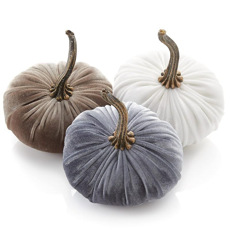 Small Velvet Pumpkins Set of 3 Includes Ivory Gray Taupe, Handmade Home Decor, Holiday Mantle Dec... | Amazon (US)