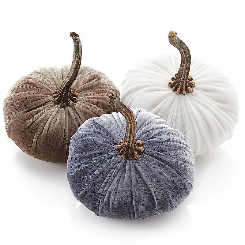 Small Velvet Pumpkins Set of 3 Includes Ivory Gray Taupe, Handmade Home Decor, Holiday Mantle Dec... | Amazon (US)