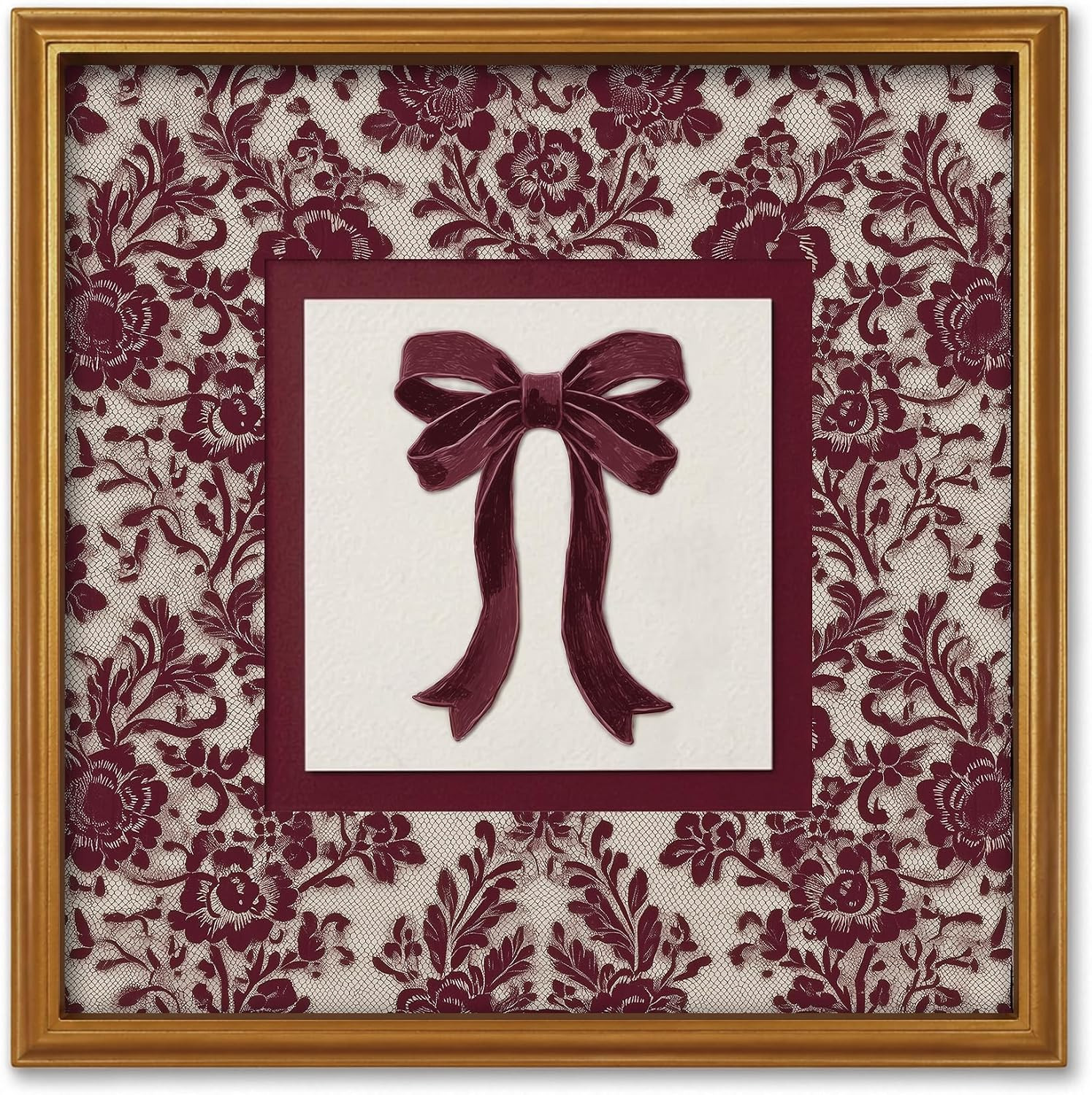 TwoDays Vintage Christmas Wall Art, Burgundy Red Bow Gold Framed Art Print | Amazon (US)