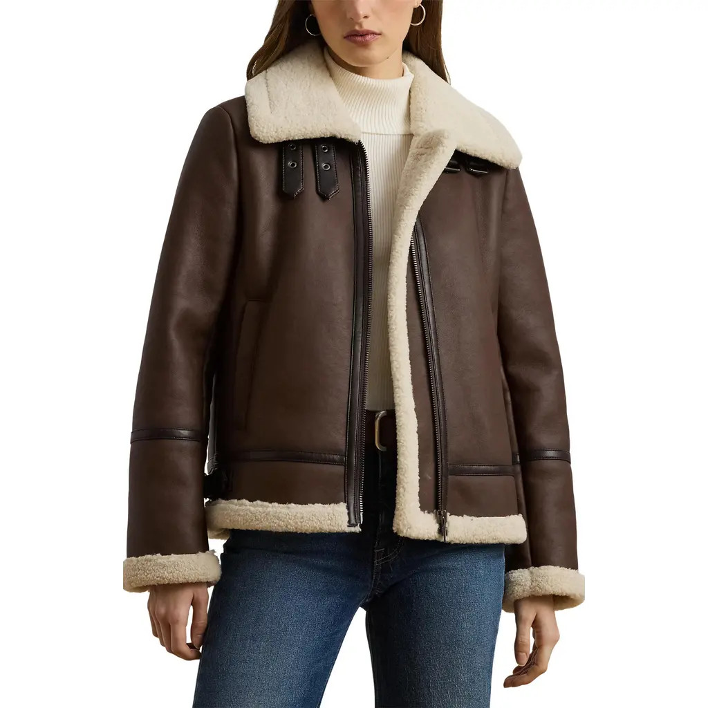 Lauren Ralph Lauren Faux Leather & Faux Shearling Bomber Jacket in Dark Cuoio at Nordstrom, Size ... | Nordstrom