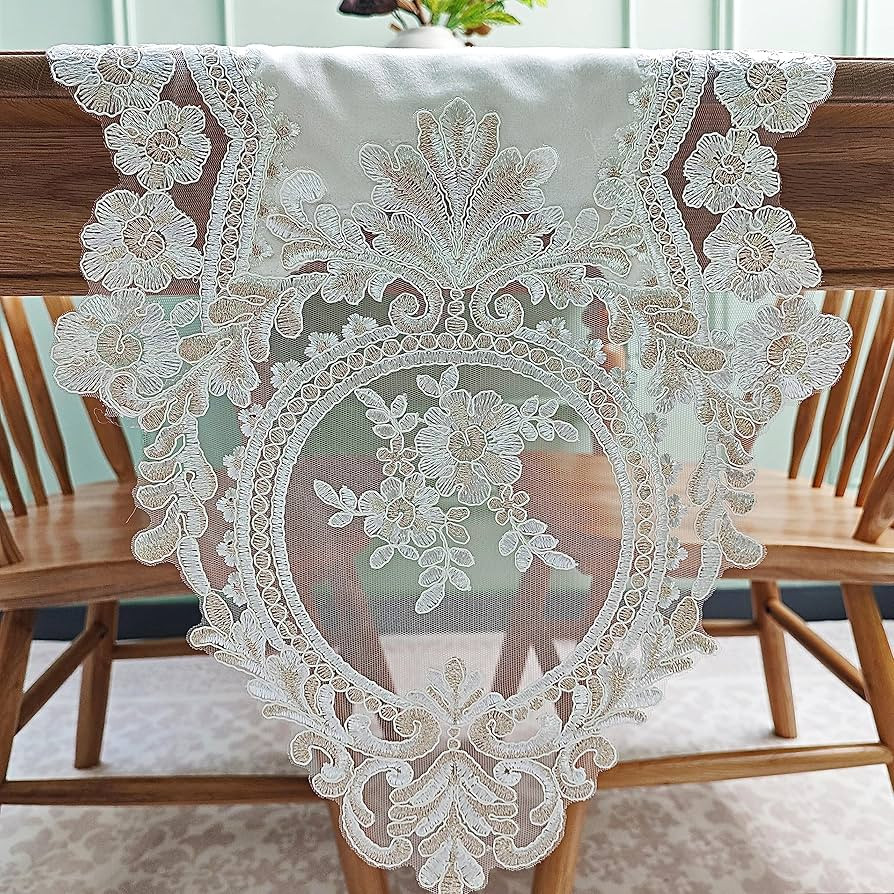 Elegant Vintage Lace Table Runner 36 inches(90cm) Long Beige Gold with Exquisite Macrame and Embr... | Amazon (US)