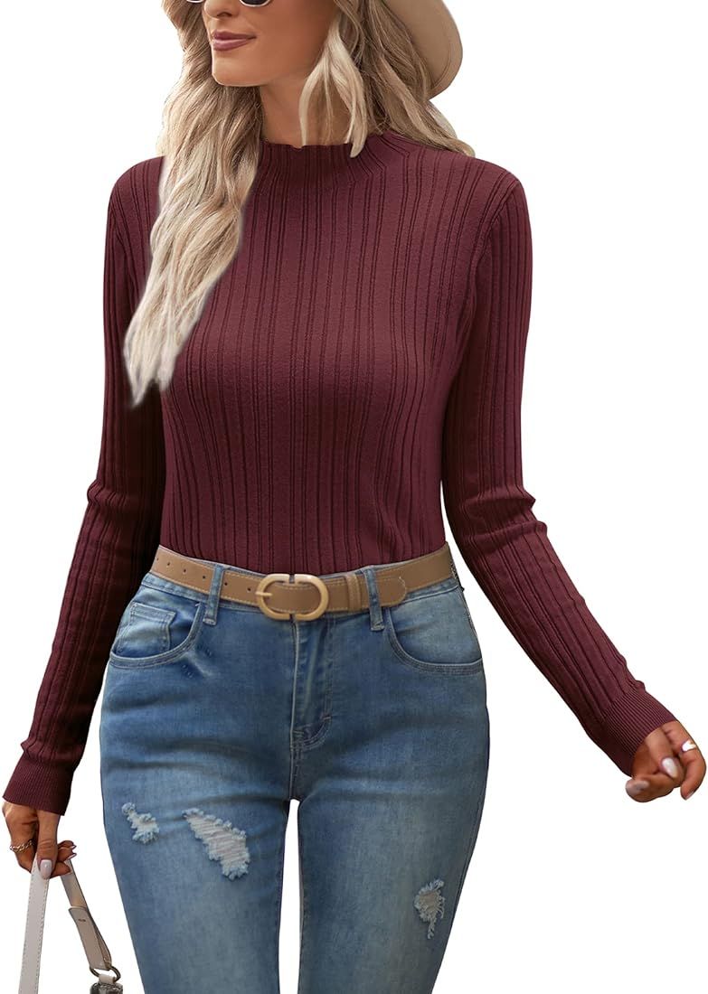OUGES Women's Lightweight Sweaters 2023 Stretchy Long Sleeve Pullover Cable Knit Mock Turtleneck ... | Amazon (US)