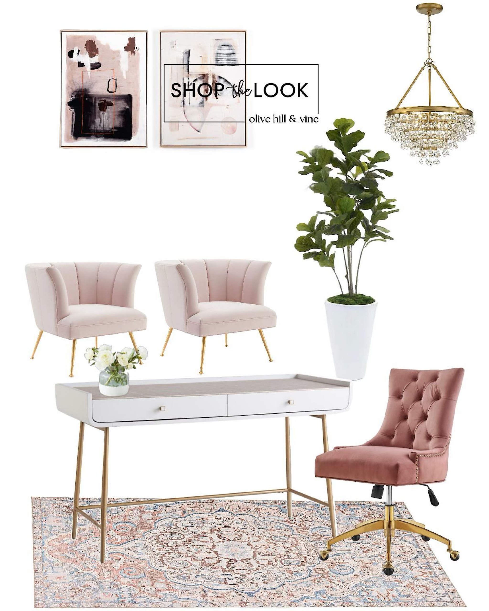 Elevate your workspace with our sophisticated office design, blending a serene white and blush color palette accented by tasteful touches of gold. Experience a harmonious blend of elegance and productivity in an environment that inspires creativity and focus.

#LTKstyletip #LTKhome