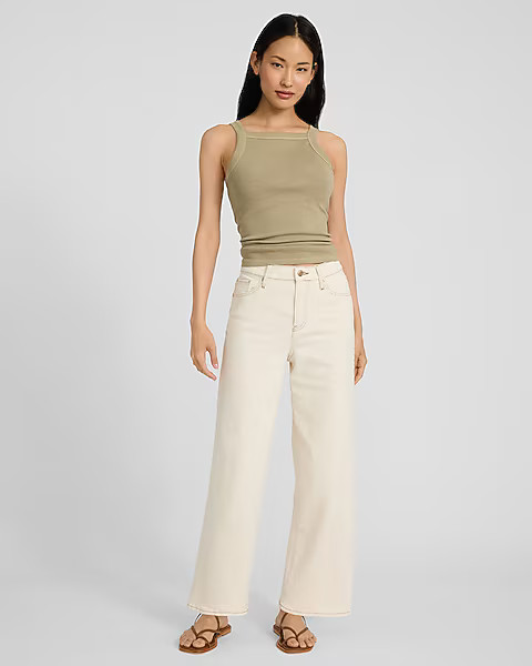 High Waisted Ivory Wash Wide Leg Ankle Jeans | Express
