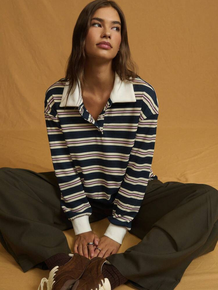Nöista Long-Sleeve Polo-Style Top With Horizontal Navy, Cream, And Maroon Stripes Plus A White Contrast Collar; Soft Knit Gives A Preppy Vibe Ideal For Autumn Wear, Comfortable Layering In Winter, And Suitable For Casual Halloween, Christmas, Or New Year Activities. | SHEIN