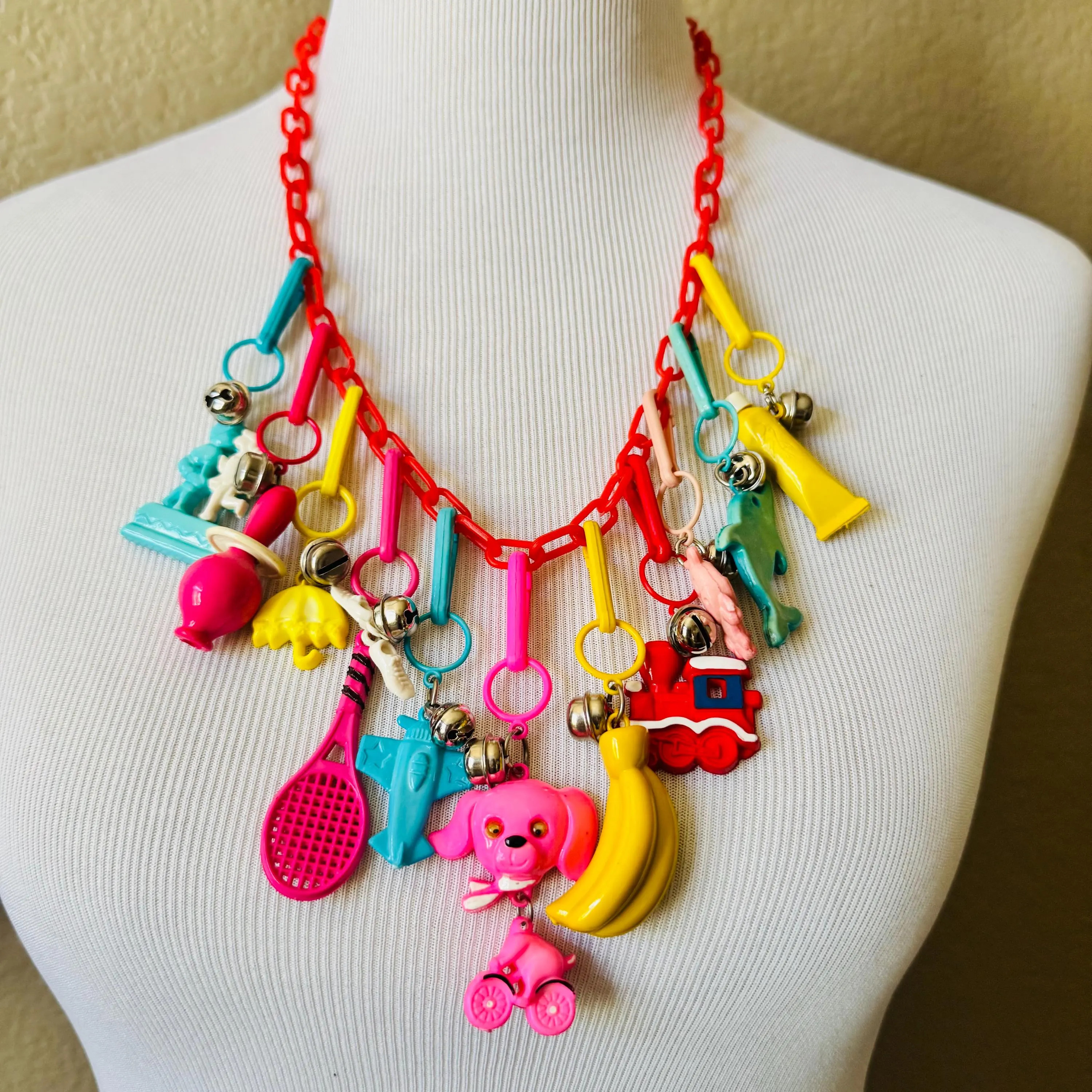 Vintage 1980's Plastic Bell Charm Necklace | 80's Plastic Clip-on Charms | Retro Colorful Plastic Charm Necklace | Complete Charm Necklace