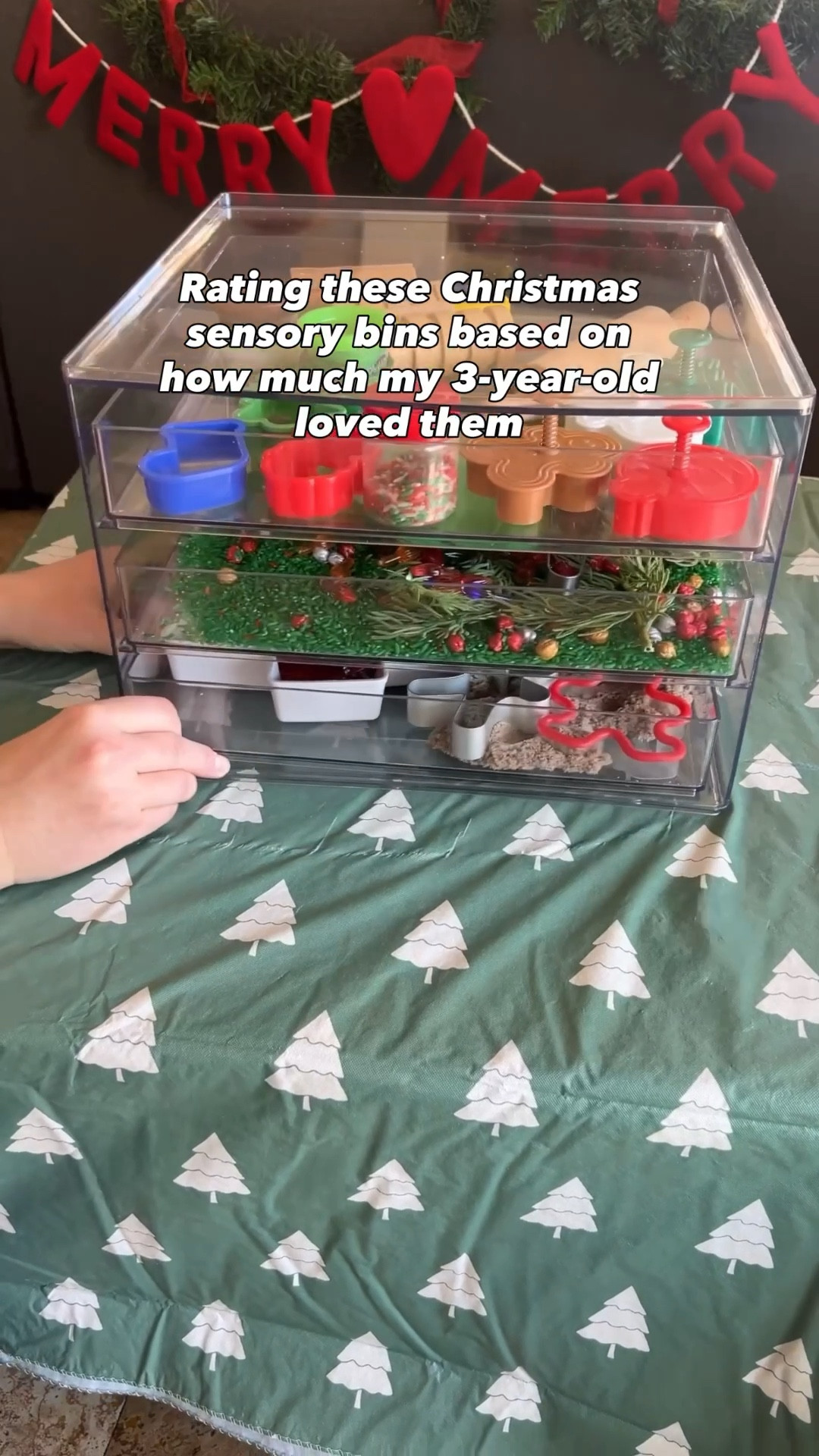 ✨ Play dough + festive cutters → 8/10
Great for squeezing, rolling, and fine-motor work (always a solid win in our house).

✨ Green rice + mini light bulbs + counting trees → 7/10
Still fun, but adding it to the lightbox definitely boosted engagement and curiosity.

✨ Kinetic sand gingerbread decorating → 10/10 ⭐
The clear favorite...creative, calming, and played with again and again.

#LTKHoliday #LTKKids #LTKSeasonal