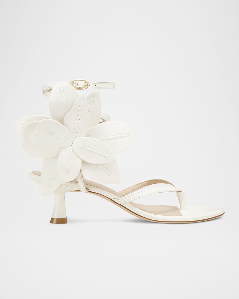Stuart Weitzman Paradise 50 Flower Leather Kitten Sandals | Neiman Marcus