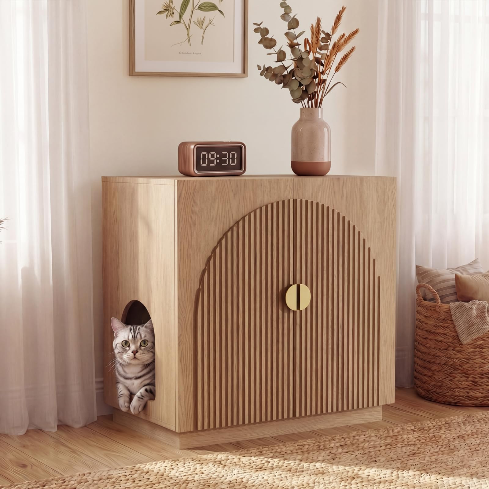 Large Litter Box Enclosure, Fluted Hidden Cat Litter Box Cabinet with Storage, Symmetrical Curved... | Amazon (US)