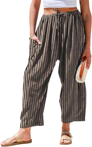 TARSE Womens Linen Wide Leg Pants Casual Loose Drawstring Low Waist Beach Palazzo Harem Pants with Pockets(Striped,M) | Amazon (US)